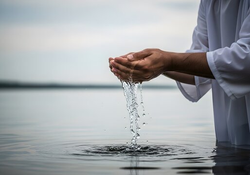 Hands Cupping Holy Water for Baptism Ritual Christian Faith and Spiritual Cleansing