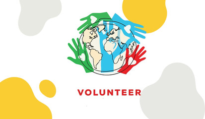 Celebrate National Volunteer Month in April with vibrant hands and a world illustration, perfect for promoting community involvement and global awareness