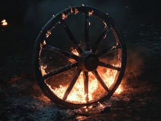 Dark rocky ground with glowing embers, small scattered flames and smoky orange light around a charred circular rim, moody and ominous atmosphere