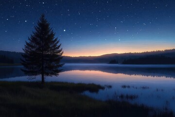 Solitary pine by a misty lake at twilight under a starry sky, calm reflective water and distant hills evoking peaceful solitude