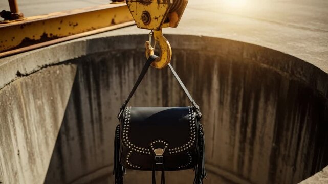 Stylish black leather handbag with silver studs hanging from an industrial crane hook. Conceptual fashion campaign contrasting a luxury accessory with a gritty urban background