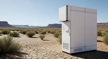 Discover clean, refreshing water with an atmospheric water generator in a vast desert landscape, symbolizing sustainability and innovation for future living