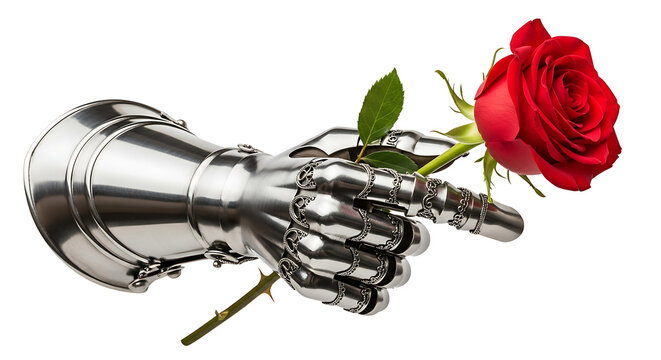A knight's gauntlet holding a red rose with green leaves on a white background in a studio shot