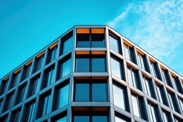 Obraz premium Low-angle view of a modern glass and metal office building corner with geometric grid windows and orange accents against a bright blue sky, sleek and uplifting