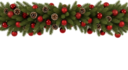 Christmas Garland with Red Ornaments on Transparent Background