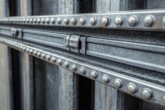 close-up of galvanized steel framing with riveted rails, connector clamp and vertical studs conveying cold gritty industrial strength