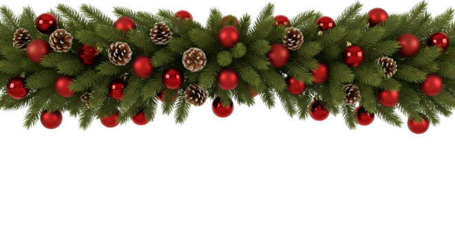 Christmas Garland with Red Ornaments on Transparent Background