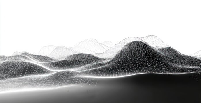 Monochrome wireframe landscape of undulating mesh hills with connecting points and lines, minimal serene futuristic digital terrain
