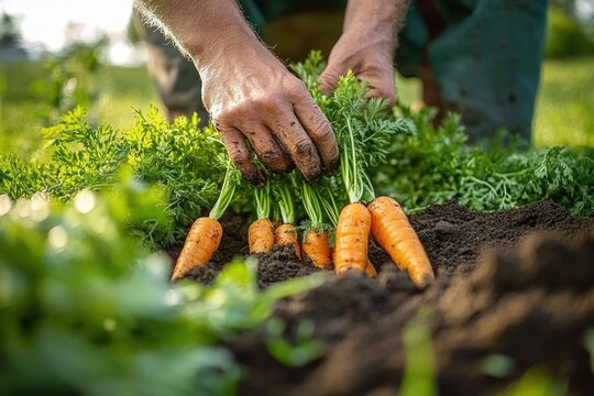 Rough hands pulling a bunch of fresh orange carrots with green tops from dark soil in a sunlit garden, earthy satisfaction of a home harvest - Powered by Adobe
