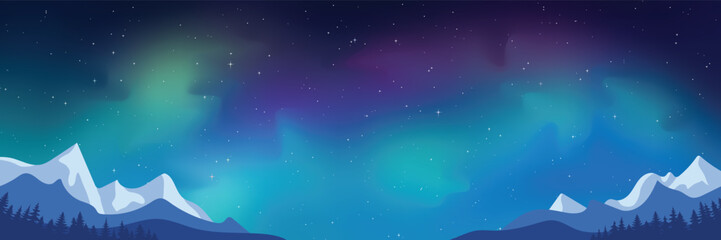 Naklejka premium Winter landscape with aurora borealis, night starry sky, mountain landscape, vector illustration