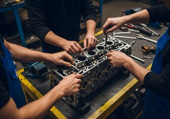 Three Mechanics Hands Repairing Engine Block Teamwork in Automotive Industry Workshop