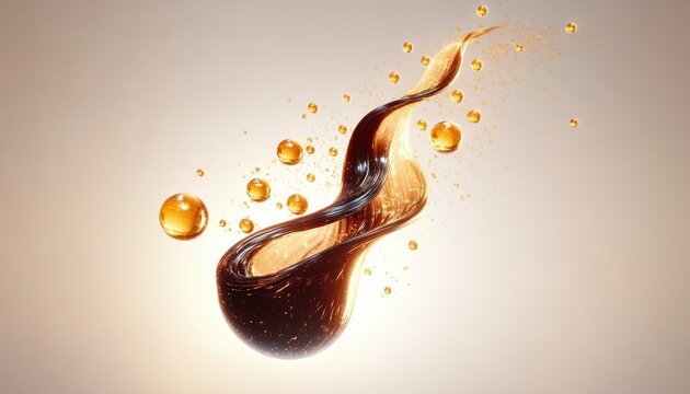 glowing golden liquid swirl with suspended droplets and shimmering particles conveying elegant dynamic motion and warm luminous glow