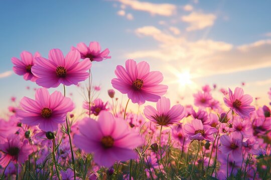 Sunlit meadow of pink cosmos flowers with green stems under a golden sunrise and soft clouds, serene and uplifting atmosphere