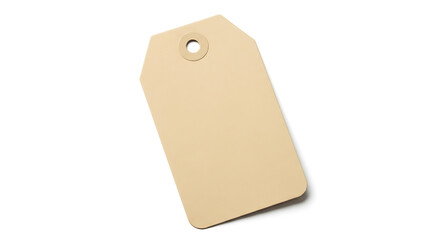 A single beige tag with a hole at the top lying on a white surface in a studio setting plain view
