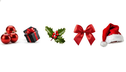 Christmas ornaments gift holly bow and santa hat arranged on a white background for holiday cheer