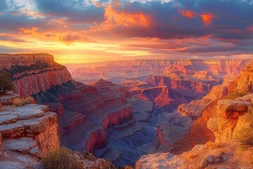 Sunset over vast layered canyon with glowing red cliffs, dramatic cloud-filled sky, rugged foreground rocks and sparse vegetation conveying awe and serene tranquility