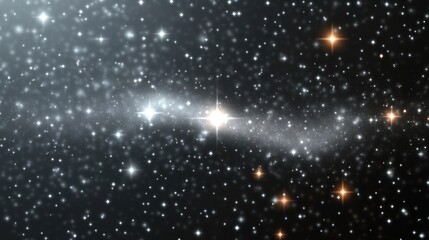 Bright central star and dense star field with a faint milky nebula, scattered warm orange stars and shimmering stardust, evoking cosmic awe and serene wonder
