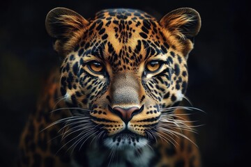 Naklejka premium Close-up portrait of a leopard with intense amber eyes, spotted golden fur, long white whiskers and a calm majestic stare against a dark background