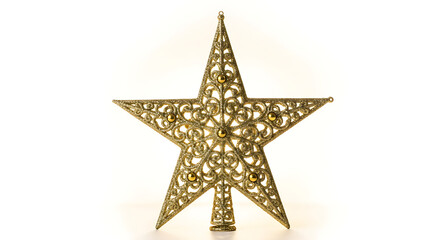 A golden christmas tree topper star with intricate designs on a white background for holiday decor
