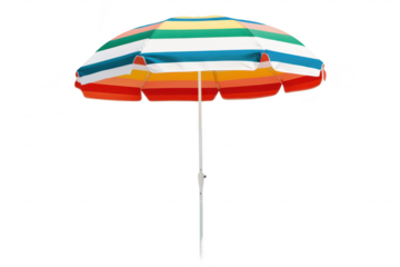 A striped beach umbrella stands upright on a sandy shore. casting a colorful shadow. while the sun shines brightly in the clear blue sky. perfect for summer relaxation and outdoor activities