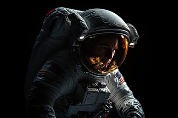 Solitary astronaut in detailed white EVA suit with reflective gold visor, illuminated chest pack and flag patch on sleeve, dramatic low light conveying quiet determination and awe