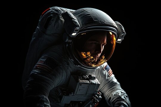 Solitary astronaut in detailed white EVA suit with reflective gold visor, illuminated chest pack and flag patch on sleeve, dramatic low light conveying quiet determination and awe