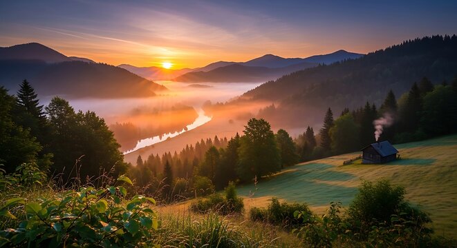 Scenic mountain landscape at sunrise with valley and fog
