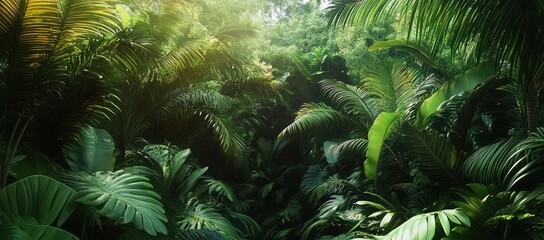 Sunlit tropical jungle dense with palm fronds, banana and broadleaf plants, lush green canopy and a tranquil, mysterious mood