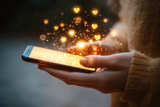 hands holding a glowing smartphone with golden heart icons and sparkling light, cozy sweater sleeve, evoking warmth, wonder and digital connection