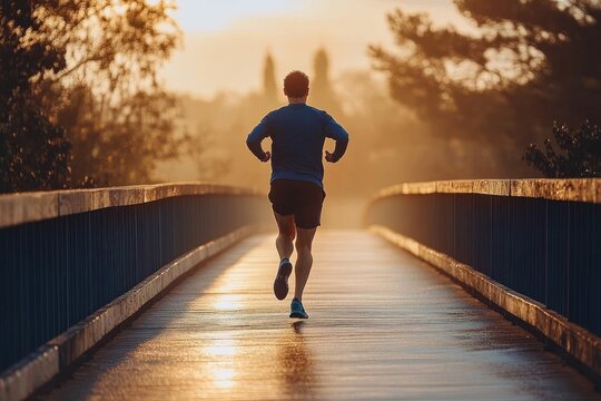 Man running alone on a wet footbridge at sunrise with golden light, misty trees and reflective path conveying calm focus and determination
