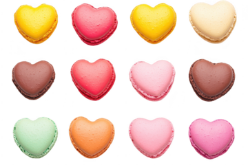A colorful array of heart-shaped macarons in various flavors and colors. arranged neatly in a grid pattern on a white background. perfect for dessert displays or Valentines Day celebrations