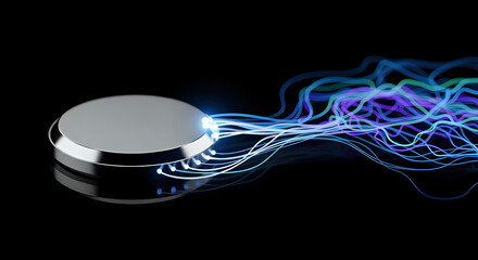 Modern data transfer concept with vibrant light streams emanating from a metallic device, ideal for technology, innovation, and futuristic designs projects