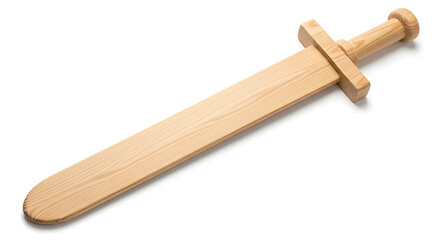 A wooden toy sword with a rounded blade and a cylindrical handle on a white background studio shot