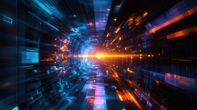 neon blue and orange digital tunnel of light and data streaming toward a bright central point, conveying high-speed futuristic energy and motion