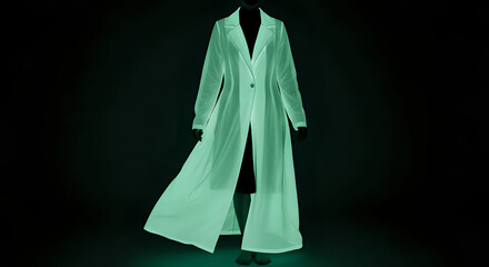Elegant long light green coat glowing fashionably, a modern and chic design for stylish outerwear, perfect for fashion and lifestyle content, a statement piece