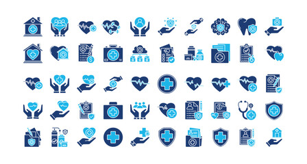 Health care icon set collection. Containing mental, organ, nursing, beat, charity, lab, personal .Solid vector icons collection