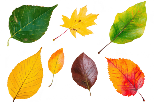 A collection of various autumn leaves a spectrum of colors including green. yellow. orange. red. and brown. arranged artistically against a white background for educational or decorative use