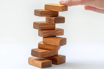 Hand carefully placing a wooden block on a leaning stack of wooden blocks, tension and anticipation in a close-up scene