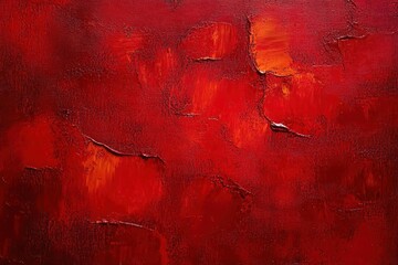Textured deep red abstract painting with orange highlights and rugged palette knife strokes, thick impasto layers on canvas conveying intense passionate fiery emotion