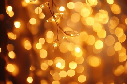 delicate glass leaf string lights glowing against a warm golden bokeh background, creating a cozy romantic festive atmosphere