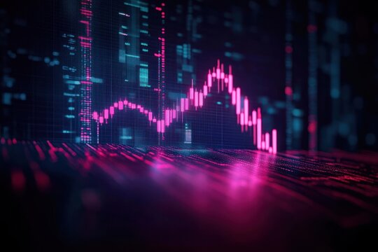 neon pink digital stock and candlestick chart on a dark futuristic grid with glowing bars and blurred reflections conveying volatility and tense downward momentum