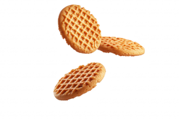 Three perfectly baked waffle cookies floating against a clean white background. their golden color and textured surface. ideal for culinary or snack-related imagery