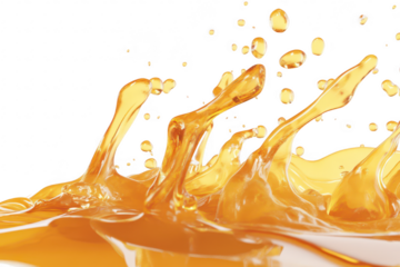 A dynamic splash of orange liquid. capturing the moment droplets burst and scatter in all directions against a clean white background. ideal for food and beverage promotional materials