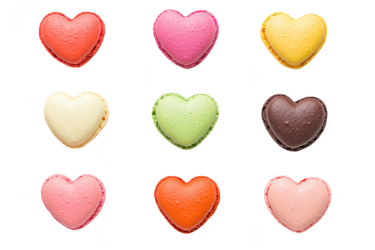 A arrangement of heart-shaped macarons in various colors and flavors. set against a clean white background. perfect for use in food photography or dessert-related content