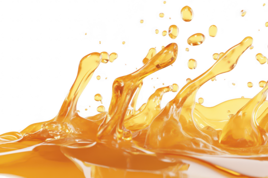 A dynamic splash of orange liquid. capturing the moment droplets burst and scatter in all directions against a clean white background. ideal for food and beverage promotional materials