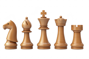 A close-up view of elegantly crafted wooden chess pieces including a knight. bishop. king. queen. and rook. displayed in a minimalistic setting. symbolizing strategy and competition