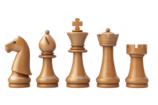 A close-up view of elegantly crafted wooden chess pieces including a knight. bishop. king. queen. and rook. displayed in a minimalistic setting. symbolizing strategy and competition