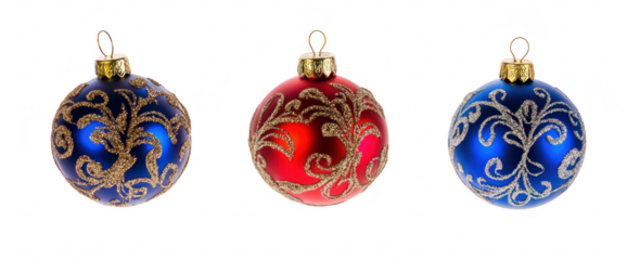 Three beautifully designed Christmas ornaments in blue and red. featuring intricate golden patterns. suspended against a white background. ideal for holiday decoration themes