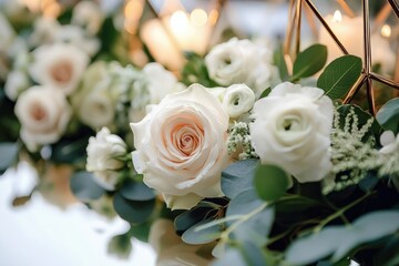 soft blush and ivory roses with white blooms, eucalyptus greenery and warm candlelight beside gold geometric accents, romantic elegant floral centerpiece