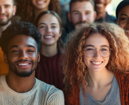 Multiracial group of young adults smiling warmly and standing close together in casual sweaters in a cozy, friendly atmosphere